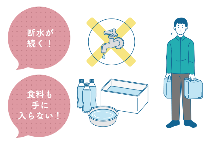 断水が続き、食料も手に入らない
