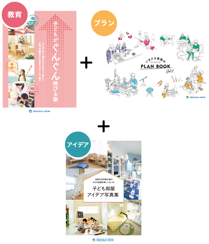 子どもがぐんぐん伸びる家、いまどき家族のプランブック、子ども部屋のアイデア写真集のカタログ3冊