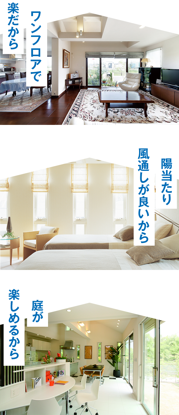 ワンフロアで楽だから   陽当たり風通しが良いから   庭が楽しめるから