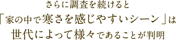 さらに調査を続けると「家の中で寒さを感じやすいシーン」は世代によって様々であることが判明