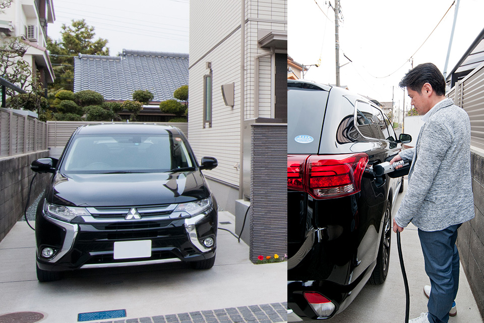 プラグインハイブリッド車に給電する夫