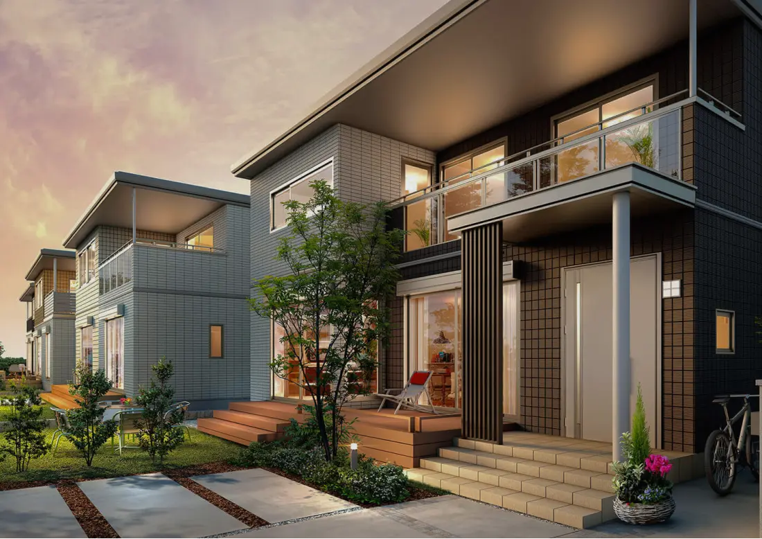 屋根の大きな建物が並ぶまちなみ