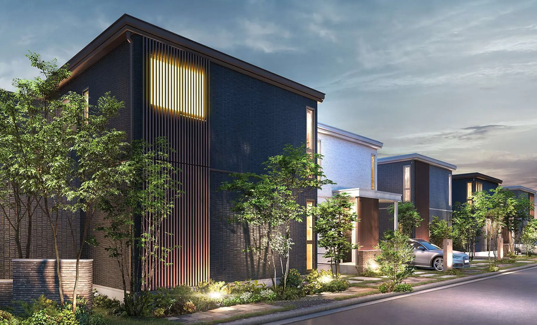 ライトアップされた分譲地のまちなみ