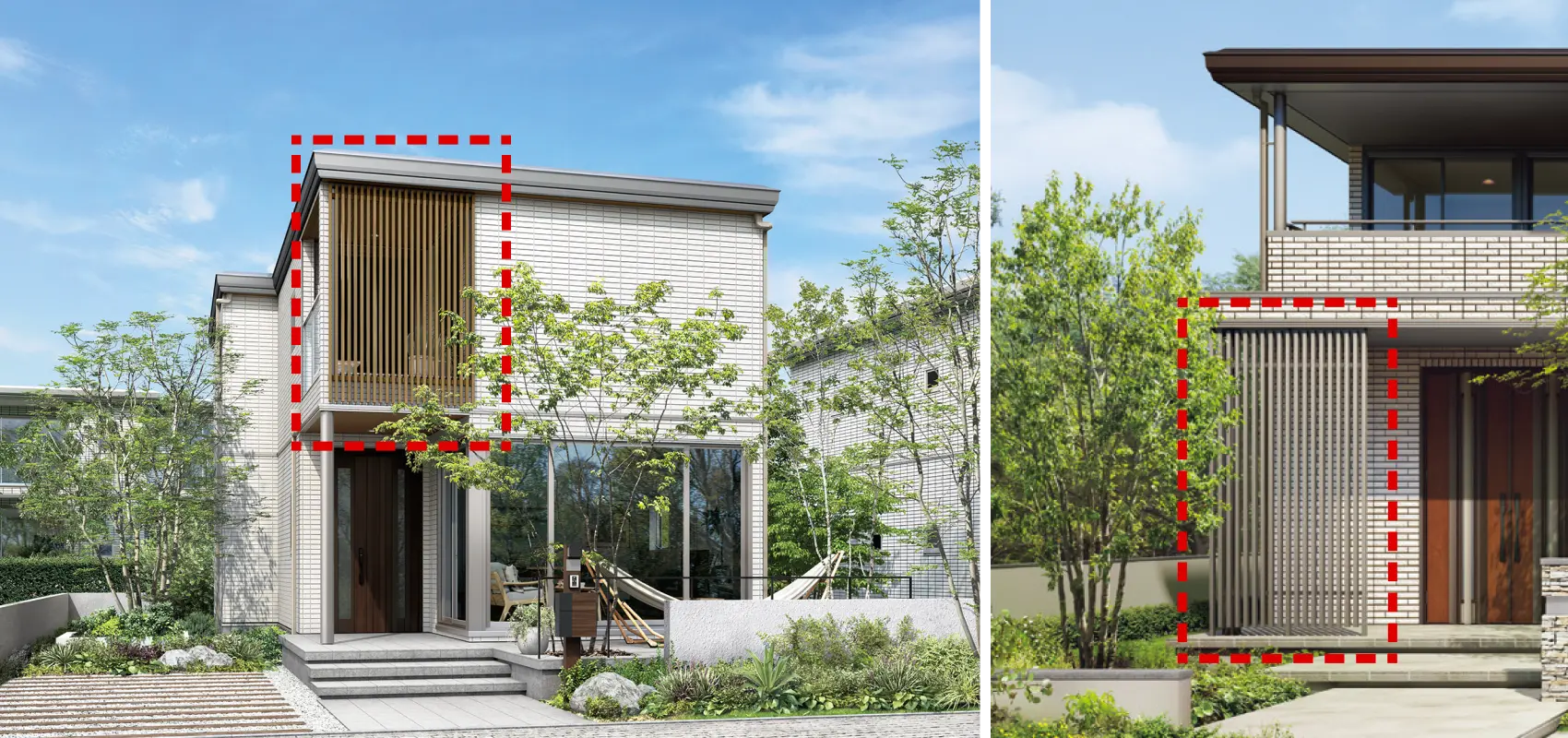 バーティカルラティス（化粧格子）を取り付けた住まいの外観