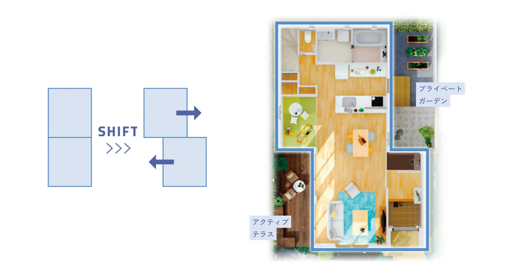 ユニットの配置を左右にずらした、シフトジョイント工法の俯瞰図