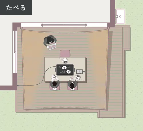 親子がモーニングを楽しんでいるテラスの俯瞰図