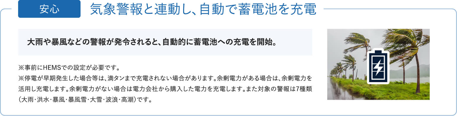 「安心」気象警報と連動し、自動で蓄電池を充電。大雨や暴風などの警報が発令されると、自動的に蓄電池への充電を開始。