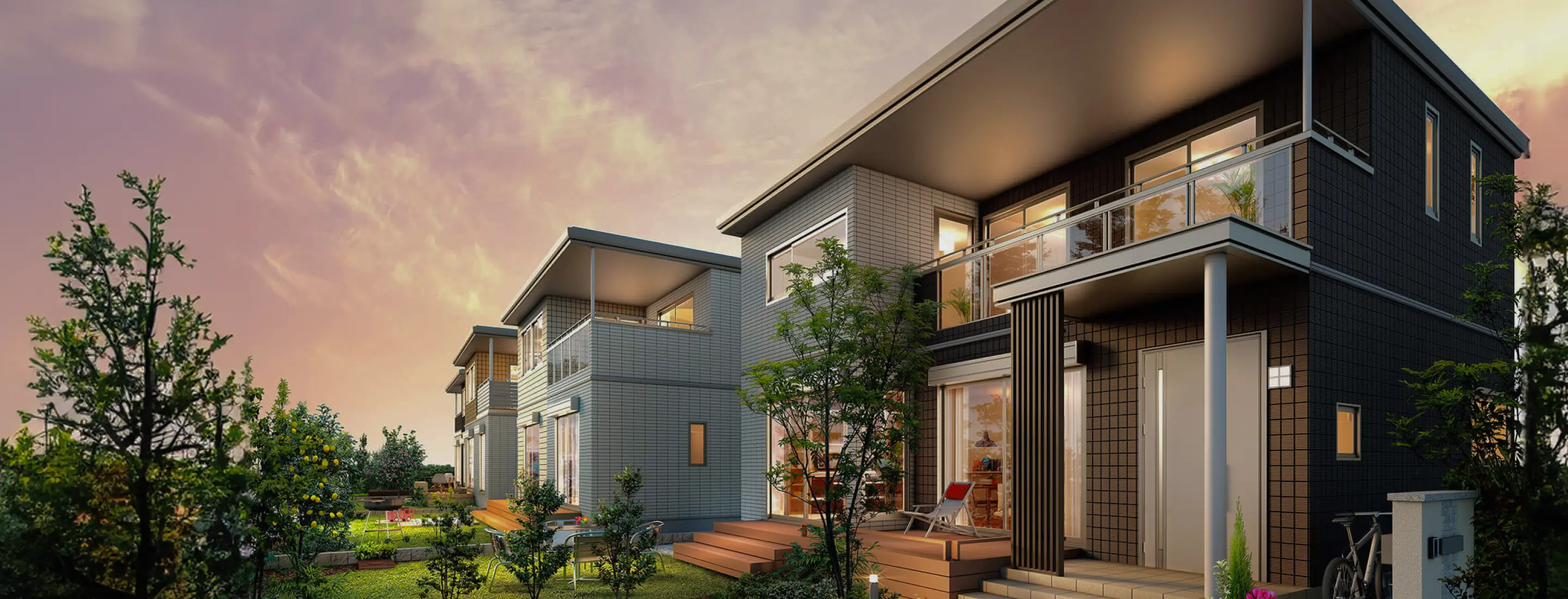 屋根の大きな建物が並ぶまちなみ