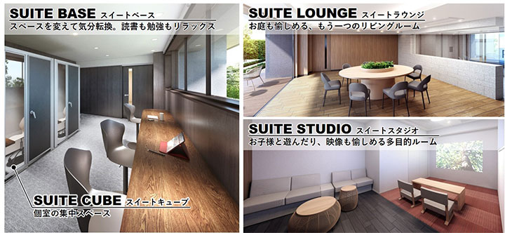 充実の共用施設「Plus SUITE」（画像は、ハイムスイートつくば春日の完成予想CG）