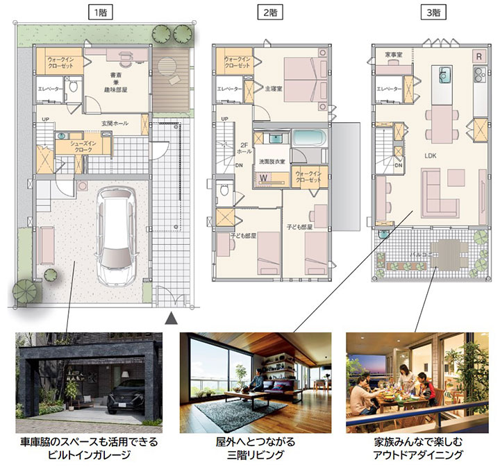 車庫脇のスペースも活用できるビルトインガレージ・屋外へとつながる三階リビング・家族みんなで楽しむアウトドアダイニング