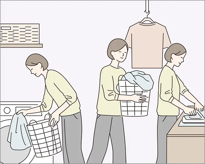 ランドリールームでスムーズに洗濯作業する主婦のイラスト