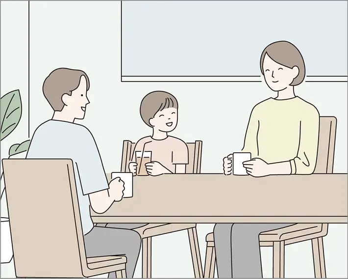 ダイニングで談笑する両親と子供のイラスト