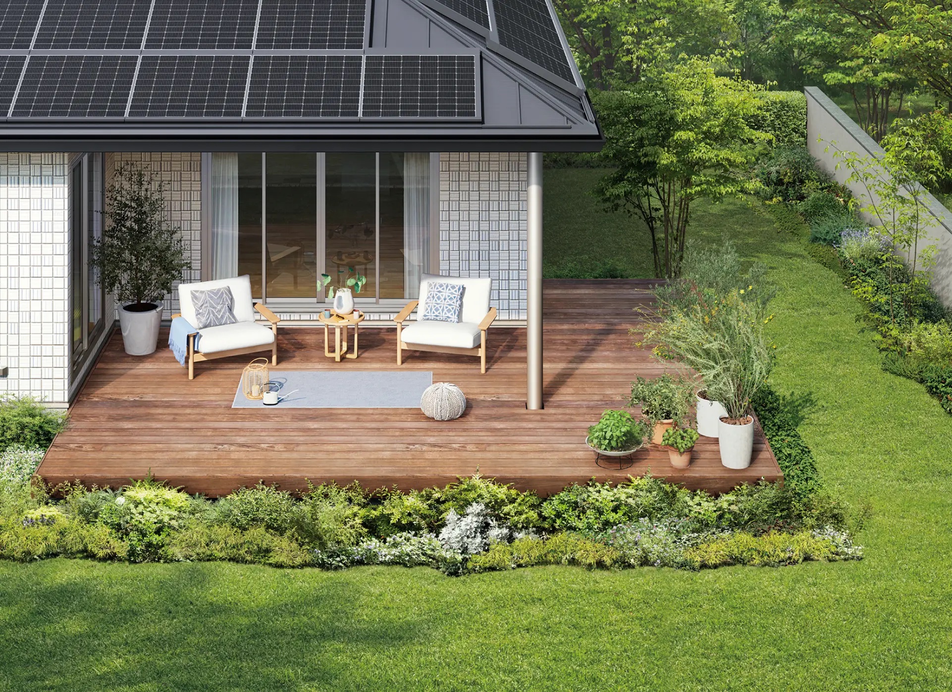 平屋から繋がるウッドデッキと庭