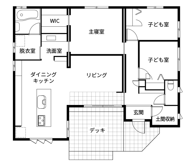 うちとそとがゆるやかにつながる勾配屋根の明るい平屋の間取り