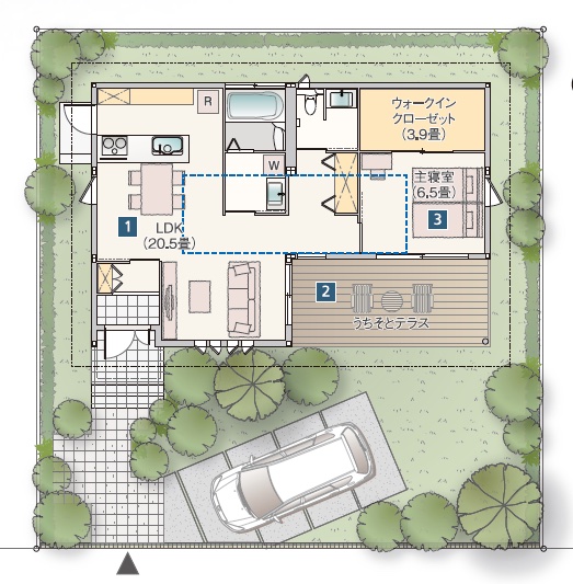 開放感と暮らしやすさを両立した1LDKの平屋の間取り