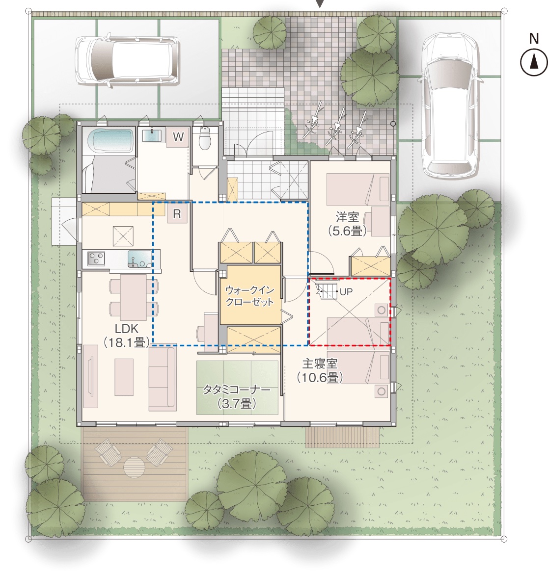 家の随所に収納を設けた2LDKの平屋の間取り