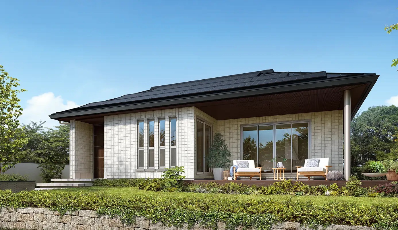 庭付きのシンプルでスタイリッシュな平屋の外観