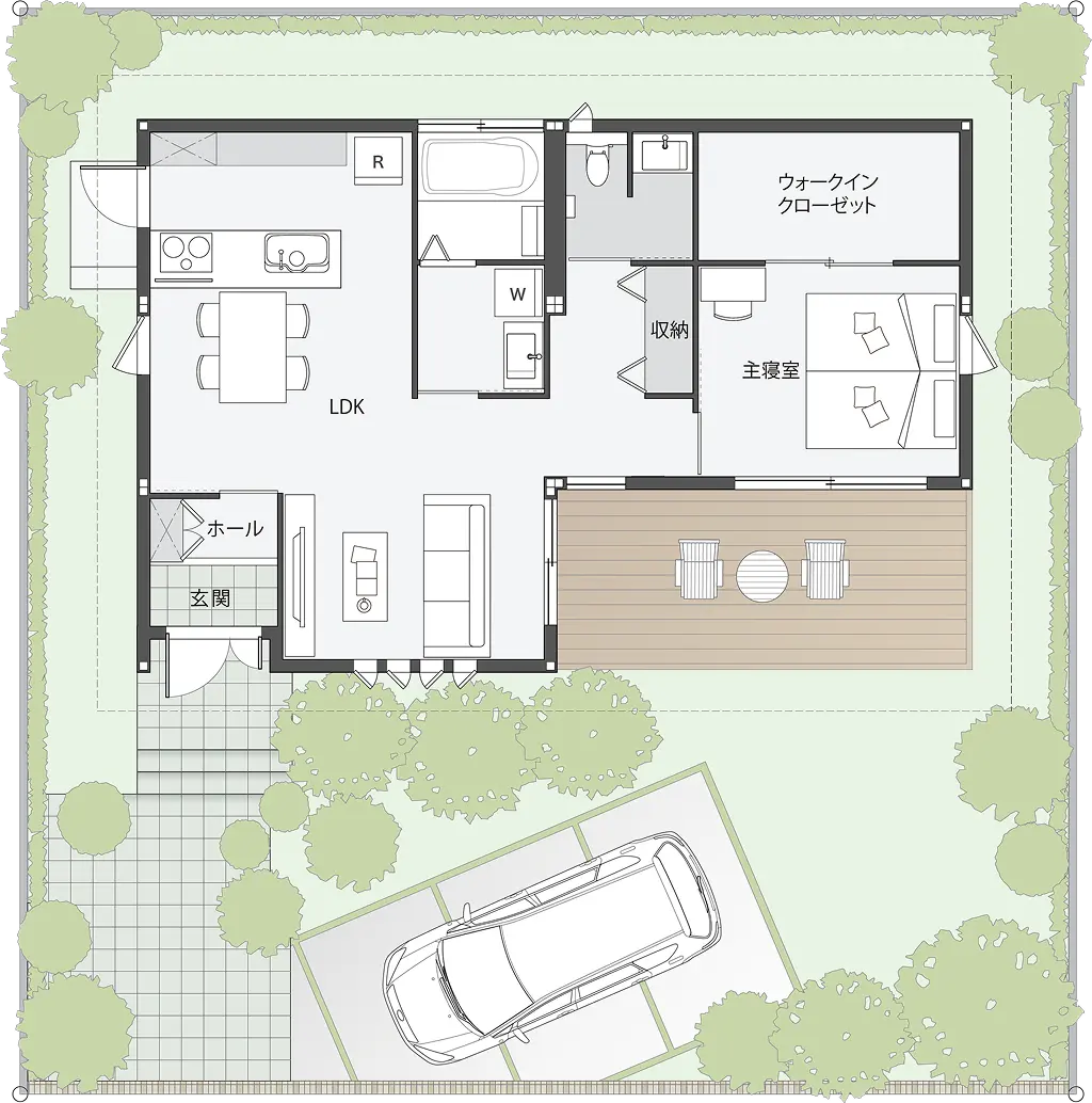 自然を楽しむ20坪のコンパクトな平屋間取り図
