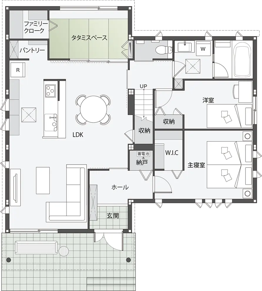 1.5階があるルーフバルコニーつきの33坪の平屋間取り図