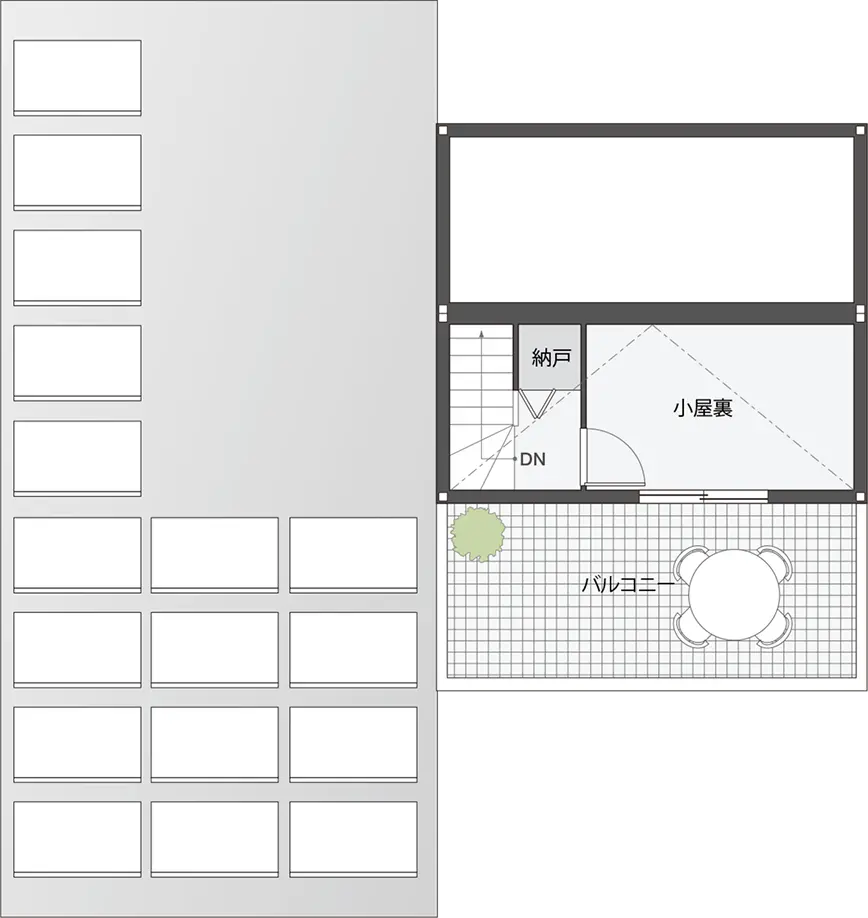 1.5階があるルーフバルコニーつきの33坪の平屋間取り図