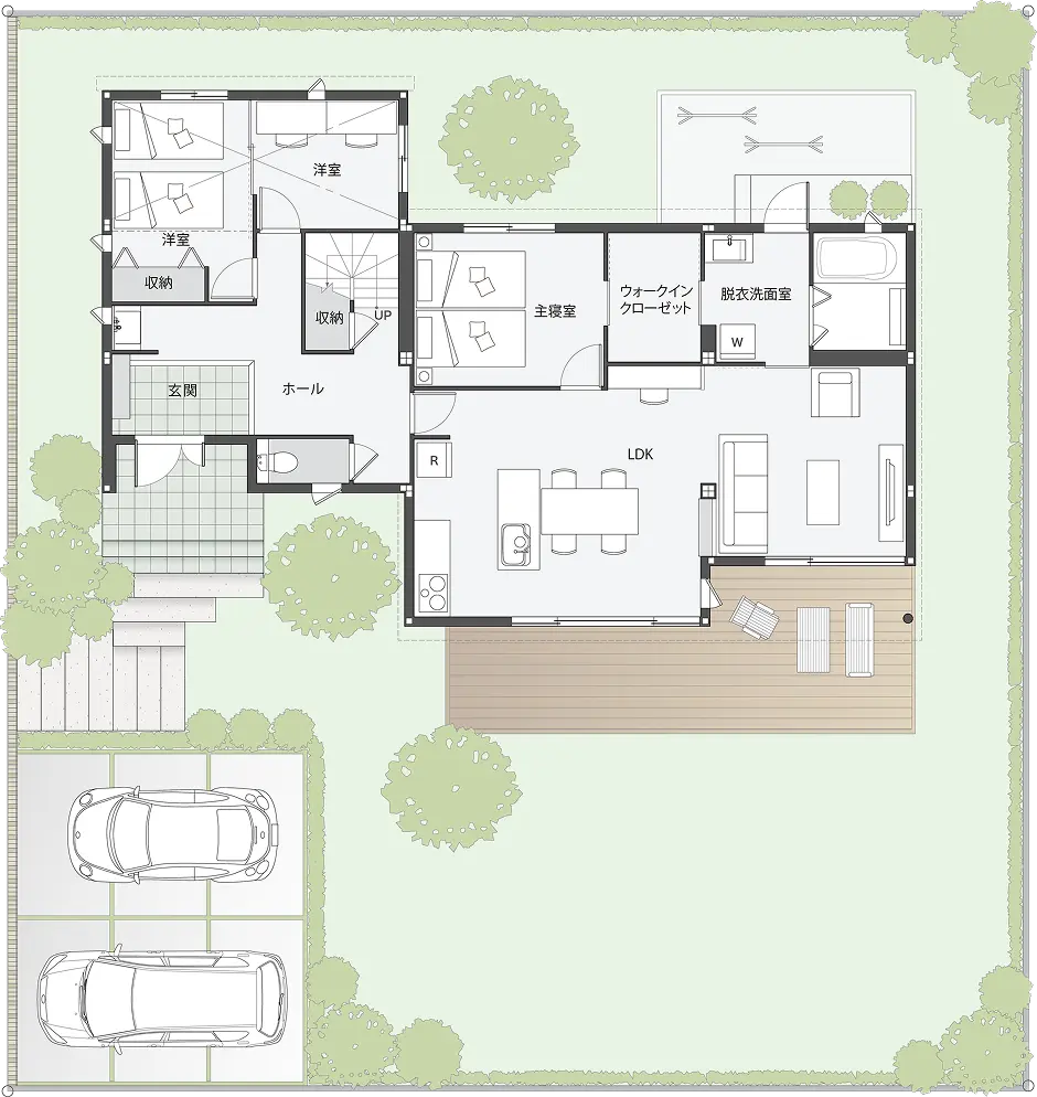 大きなウッドデッキが思い出をはぐくむ34坪の平屋間取り図