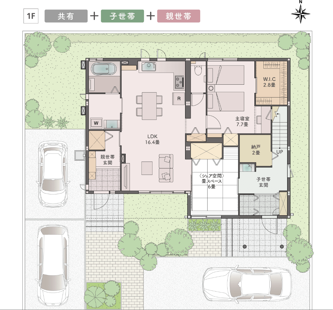 1階の間取り図（共有＋子世帯＋親世帯）