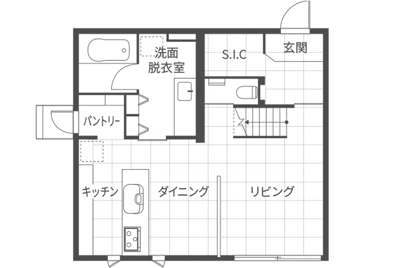 キッチンとパントリーを一直線につなげた住まいの間取り