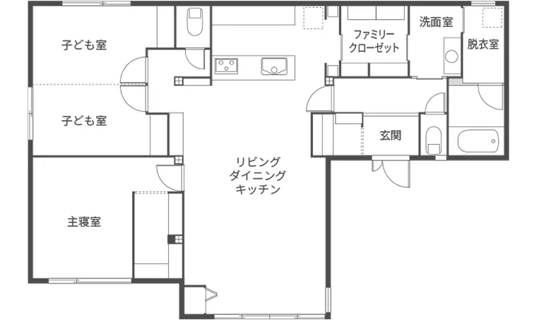 帰宅動線にファミリークローゼットを組み込んだ間取り図