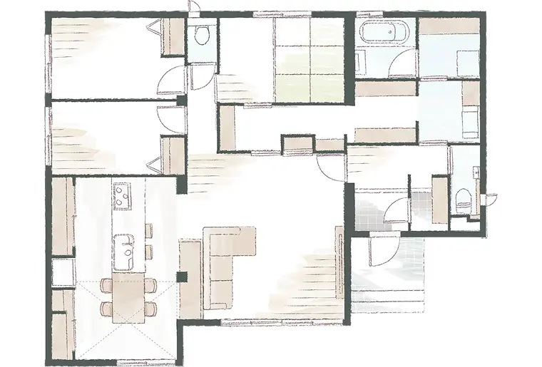 家の中心に回遊型のファミリークローゼットを配置した間取り図