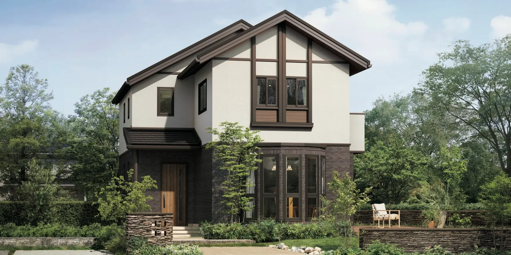 重厚な雰囲気の住まいの外観に合わせた、石積みの門柱が映えるオープン外構