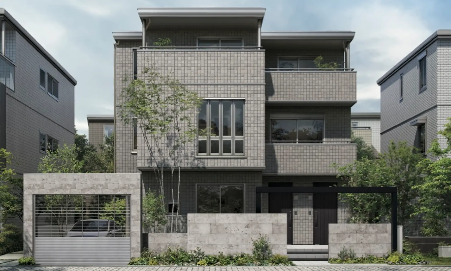 道路側にシャッターや塀を配置し、プライバシーと開放感を両立した外構