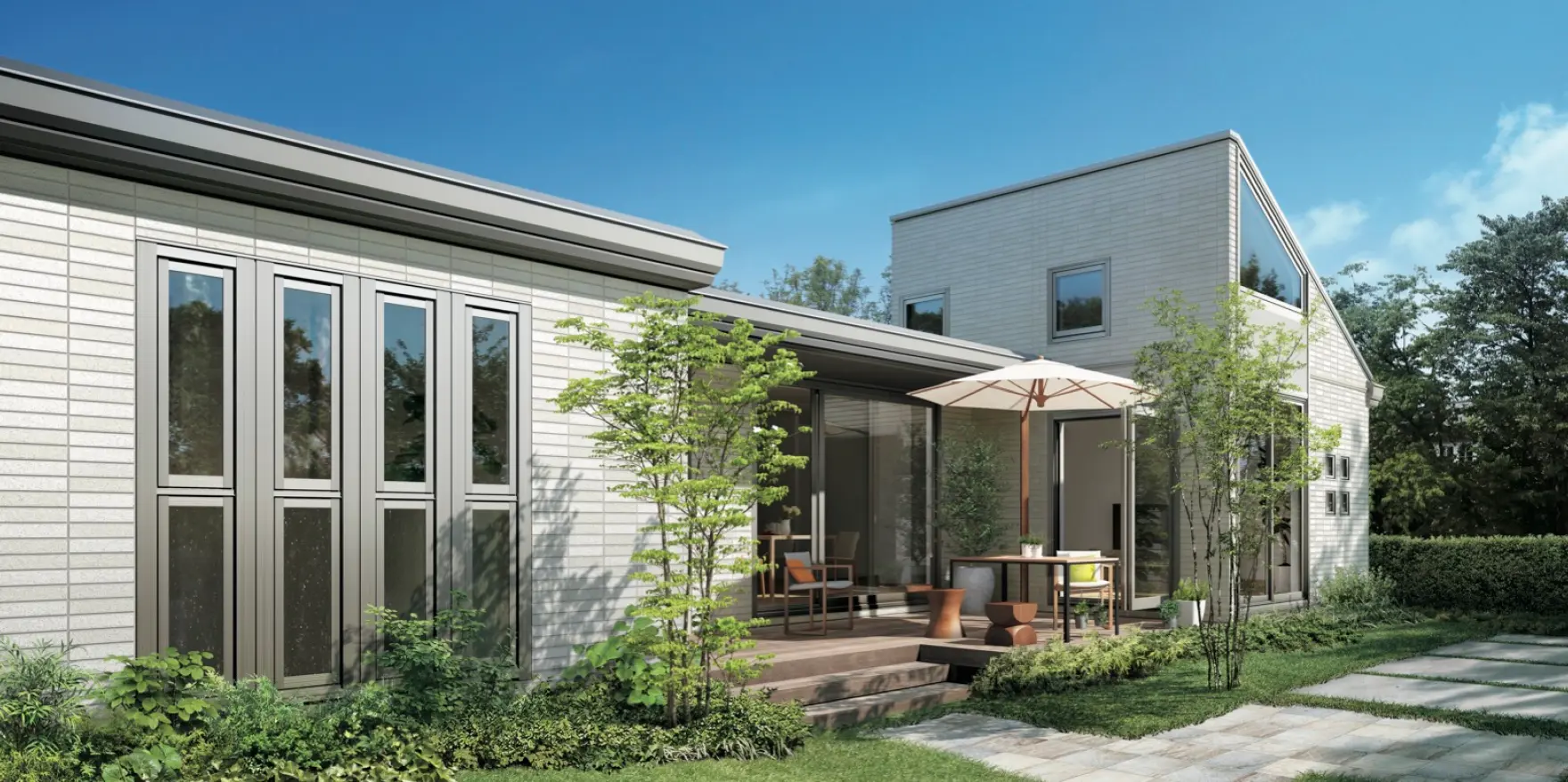 建物の凹凸を活かしてプライベート感を演出したテラス