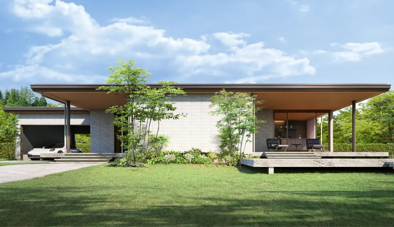 木目調の広々とした軒天が印象的な、ビルトインガレージを備えた平屋の住宅