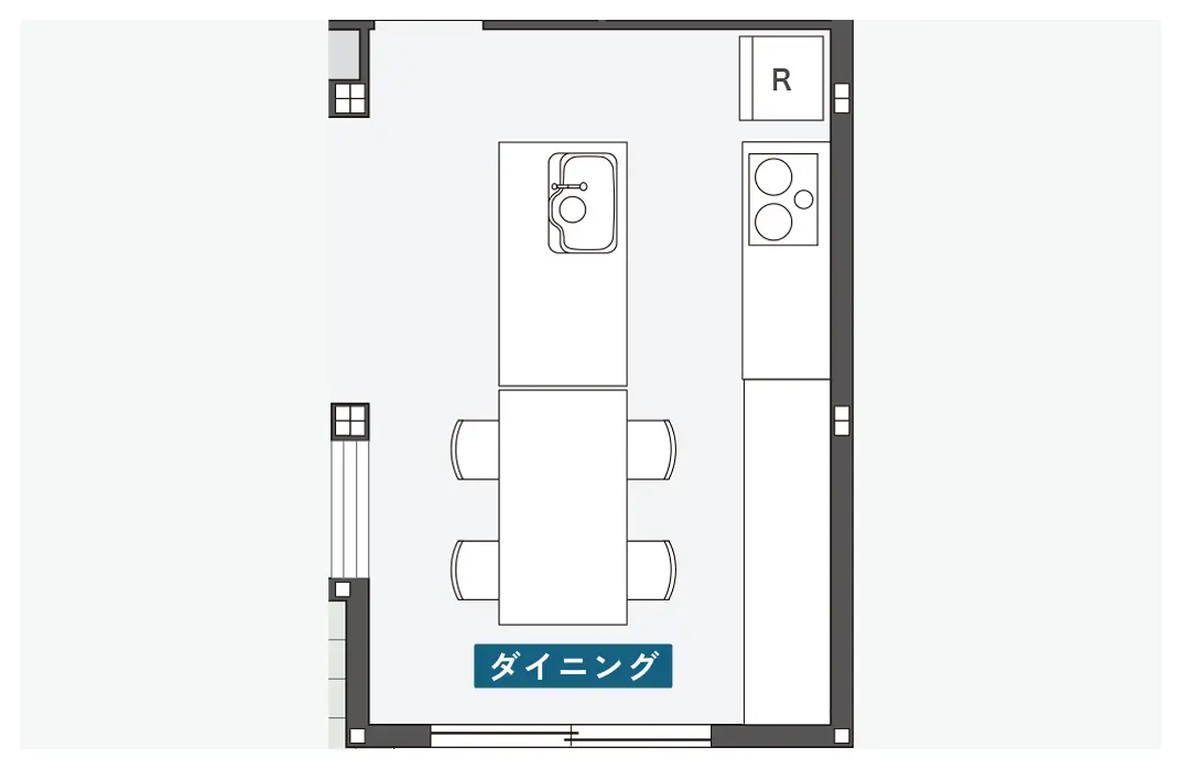 二列柄キッチンに隣接した横並びダイニングの間取り図