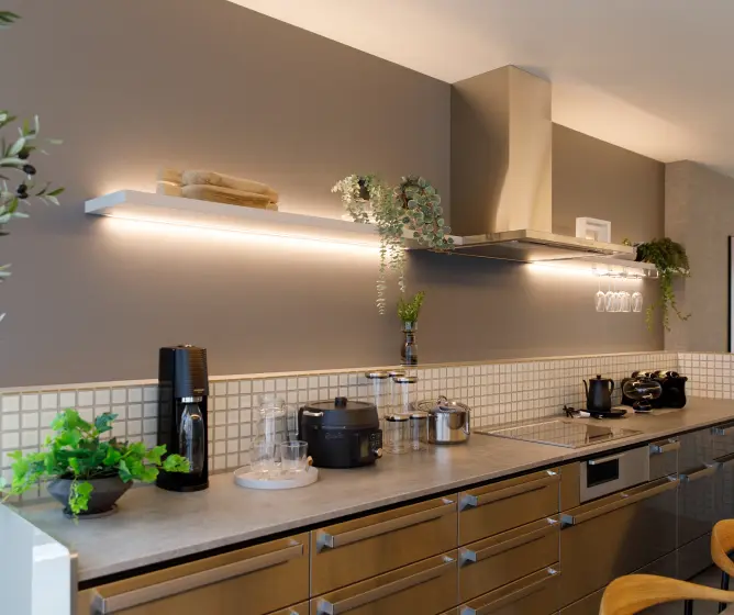 カウンター収納に観葉植物を飾ったキッチン