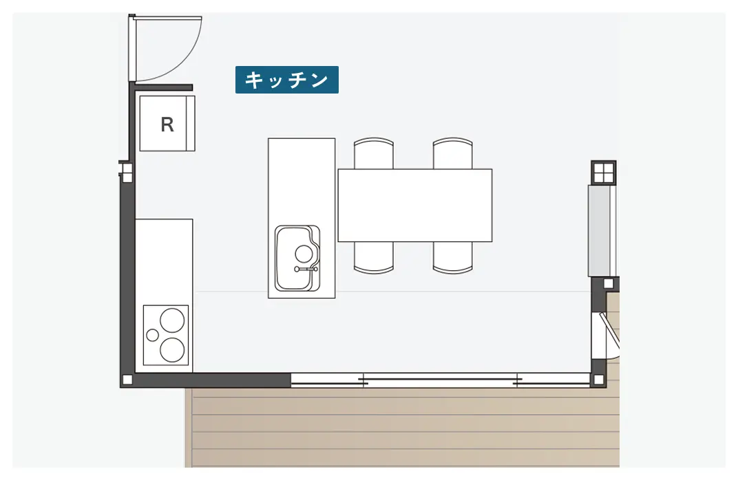 大きな窓があるキッチンの間取り図