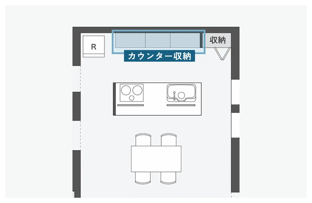 大きなカウンター収納があるキッチンの間取り図