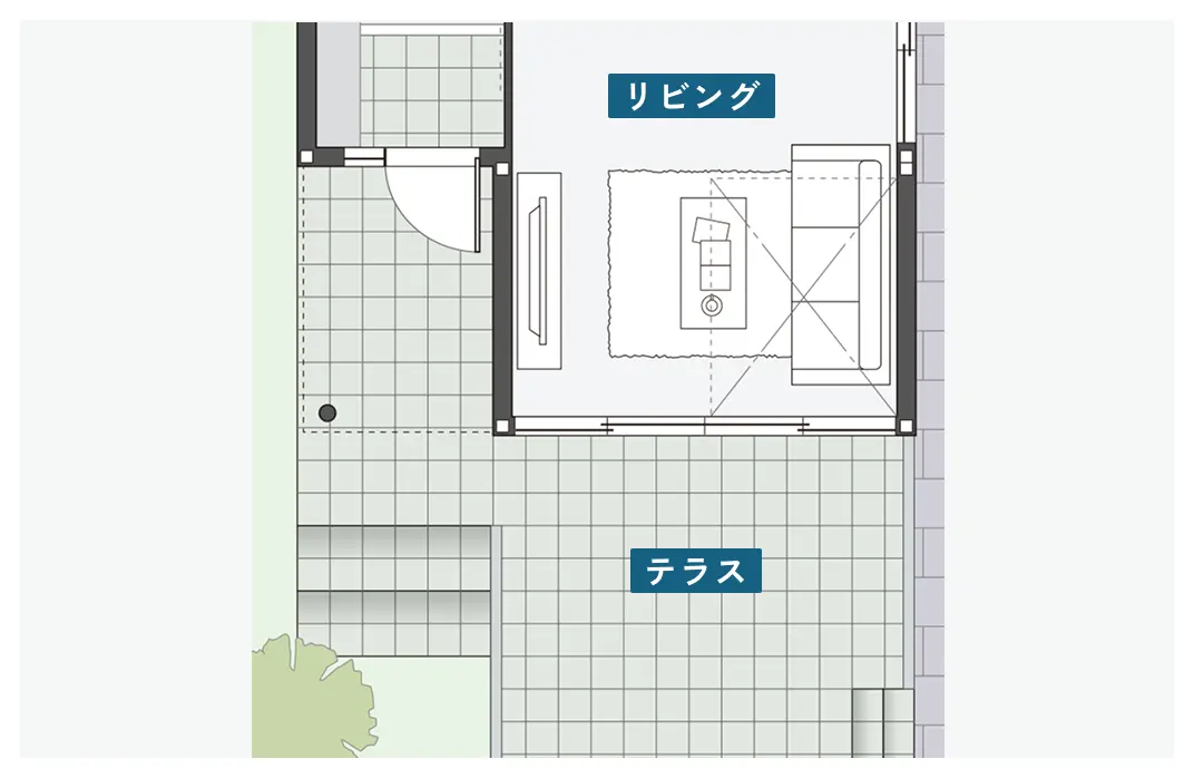 テラスとつながるリビングの間取り図