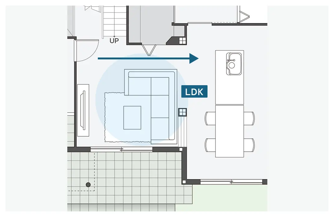 溜まりとヌケのあるリビングの間取り図