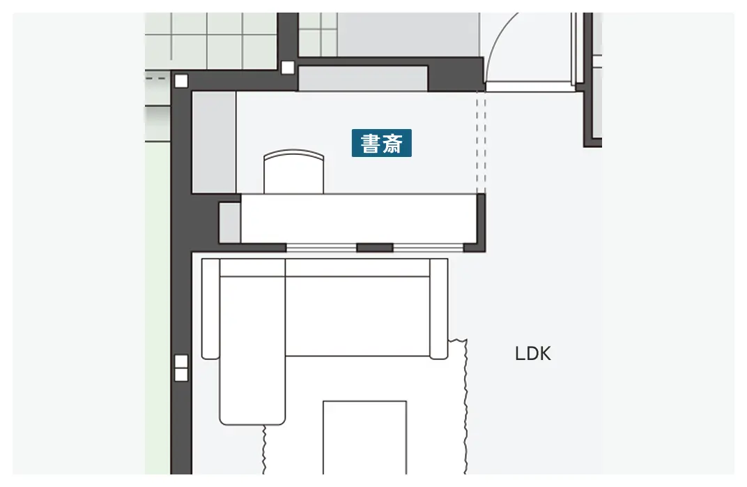 リビング横に家族用の書斎コーナーがある間取り