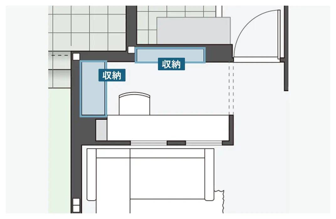 様々な奥行の壁面収納があるワークスペース