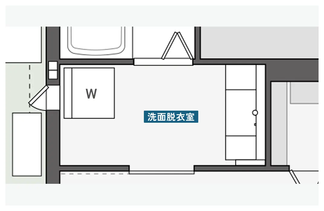 ワイドサイズの洗面台がある洗面所の間取り