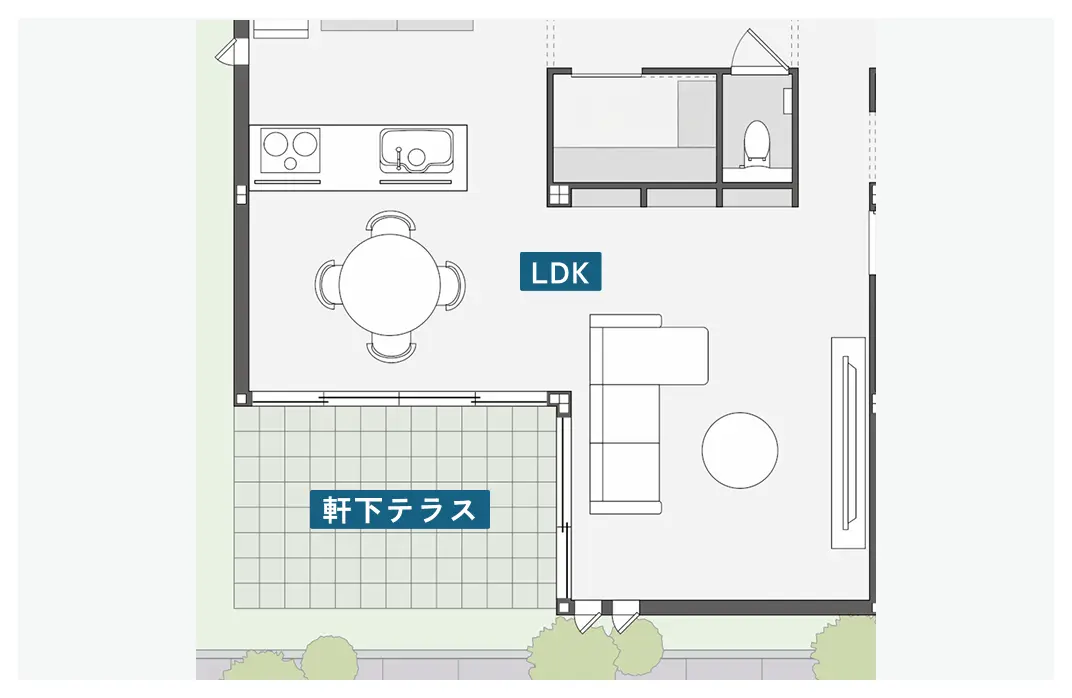 大きな軒下テラスがある間取り図