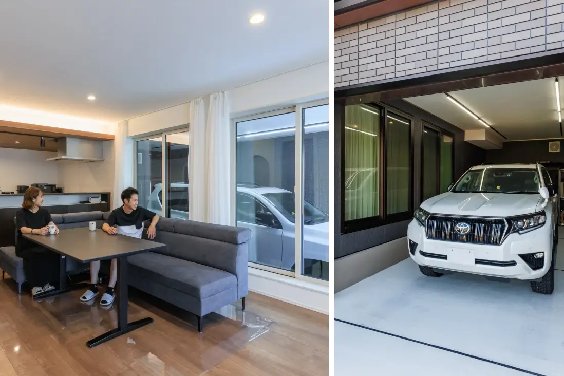 リビングから​ガレージを望む夫婦,グランキャビンを​車庫として活用​​