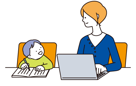 リモートワークをする母親と自宅学習をする子供