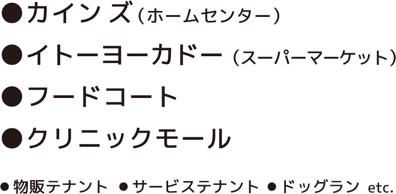 カインズ（ホームセンター）、スーパーマーケット、フードコート、ドッグラン、物件テナント、サービステナント etc.