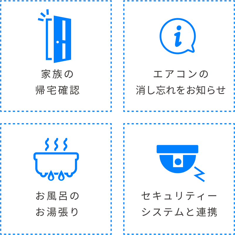 家族の帰宅確認、エアコンの消し忘れをお知らせ、お風呂のお湯張り、セキュリティーシステムと連携