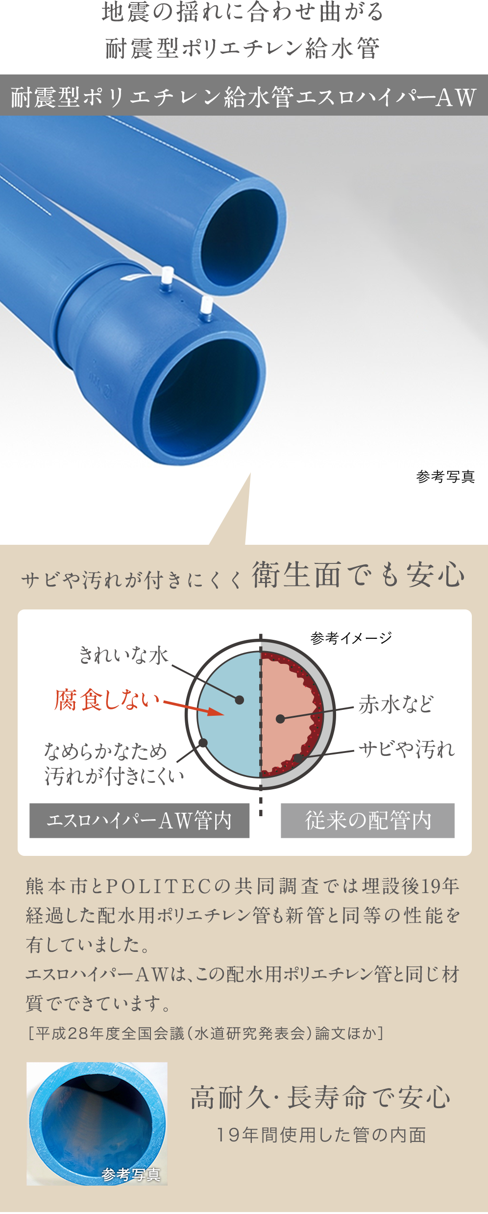 地震の揺れに合わせ曲がる耐震型ポリエチレン給水管