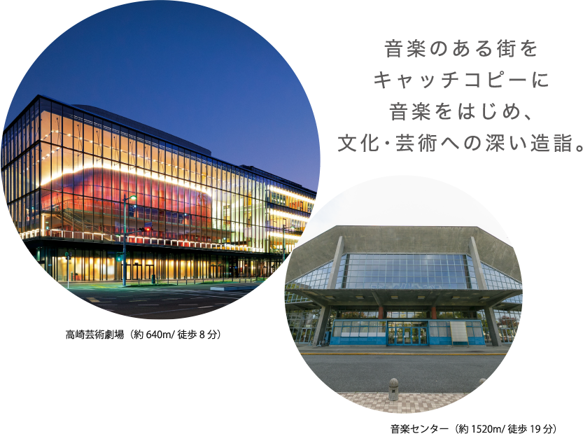 音楽のある街をキャッチコピーに音楽をはじめ、文化・芸術への深い造詣。高崎芸術劇場(約640m/徒歩8分)群馬音楽センター(約1520m/徒歩19分)