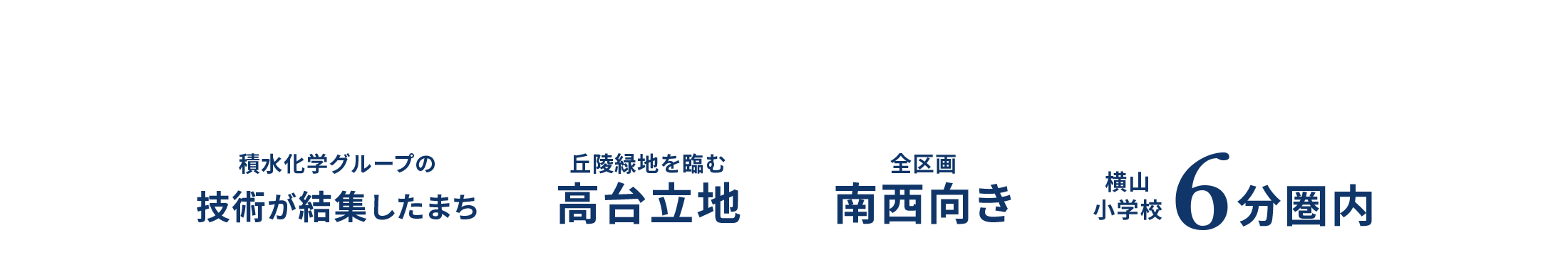 積水化学グループの技術が結集したまち｜丘陵緑地を臨む高台立地｜全区画南西向き｜横山小学校6分圏内